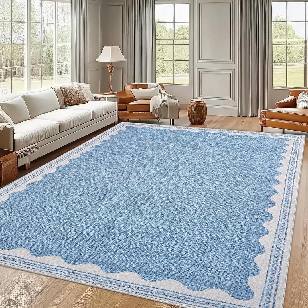 Scalloped Washable Rug 9x12 Area Rugs for Living Room, Solid Blue Rug for Bedroom Girls, Non Slip Throw Mat with Rubber Back, Soft Dorm Nursery 9x12 Carpet for Dining Room