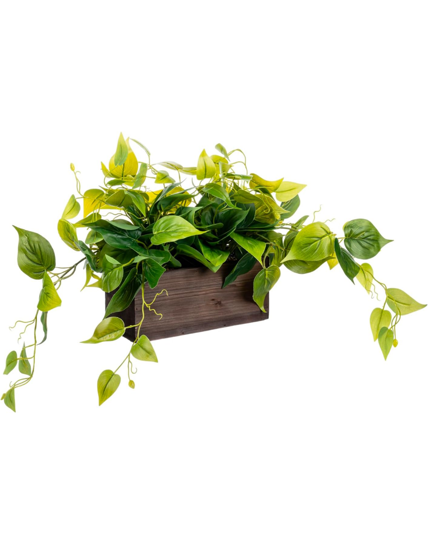 MyGift Vibrant Lifelike Artificial Plant Pothos Leafy Vine Greenery in Burnt Brown Solid Wood Rectangular Planter Box