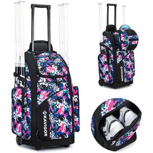 Rolling Baseball Bag with Wheels, 60L Capacity Softball Bag Holds 4 Bats for Boys and Girls, Youth Equipment Bag with Shoe Compartment (Pink Camo)