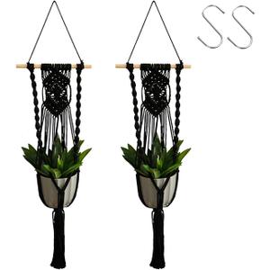 Artilady Black Plant Hanger Macrame Hanging Planter for Indoor Boho Plants Holder with Hooks Hanging Plant Basket Outdoor Window Wall Plants Home Decor (Black Wood Hanger-2pcs)