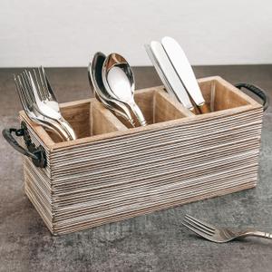 Wooden Cutlery Holder/Spoon Stand For Dining Table And Utensils Holder For Kitchen With 3 Sections, White