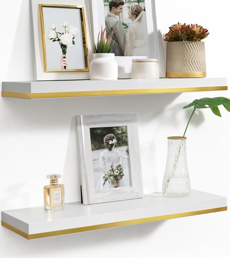 Floating Shelves for Wall,Large Deep Hanging Shelves White and Gold,24 Inch Long Wall Mounted Shelves with Invisible Brackets for Living Room Bathroom Bedroom Kitchen Shelf Decor,Set of 2 (23.6 inch, White and Gold)