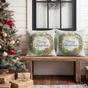 HOMETITUTE Set of 2 Christmas Throw Pillow Covers 18x18 Inch Linen Decorative Merry Christmas with Pine Cones Berries Bells Farmhouse Winter Holiday Pillow Cases for Sofa Couch Bed