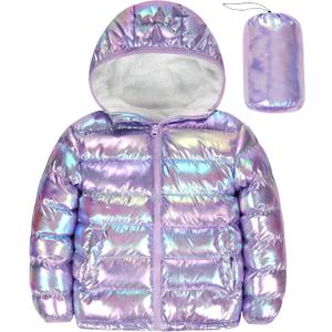 Lovekider Winter Coat for Girls Puffer Jacket, Size 6 7 Kids, Metallic Shine Hooded Outwear for Outdoor and Indoor Purple