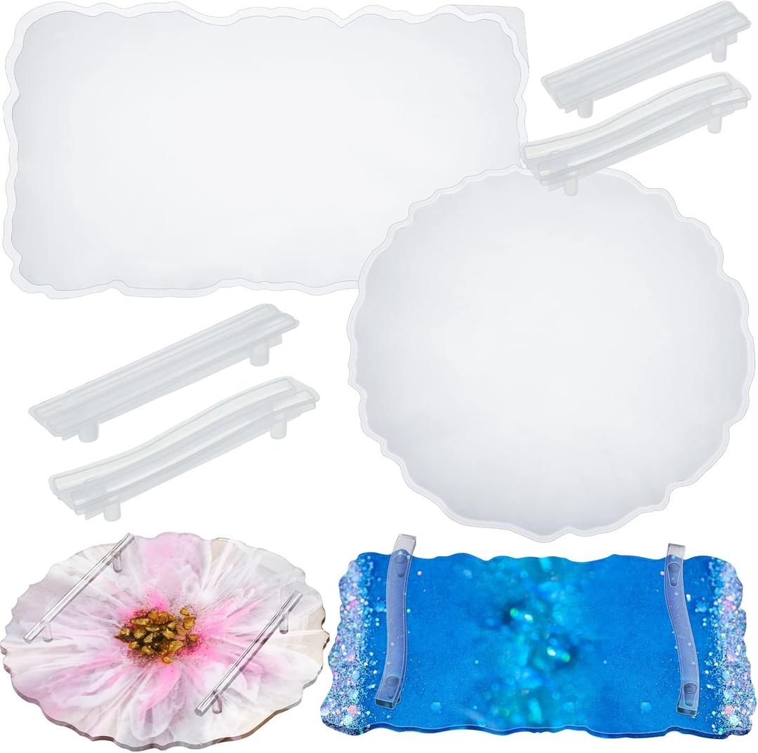 meekoo 2 Pcs Large Silicone Resin Tray Molds with 4 Pcs Handles Serving Tray Resin Mold for Making Jewelry Plates Tea Coasters Art Craft Casting Supplies(Round, Rectangle)