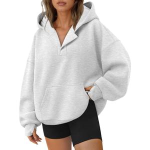 Trendy Queen Womens Oversized V Neck Hoodies with Thumb Hole Pullover Sweatshirts Y2k Clothes Fall Fashion Outfits 2026 (Medium, Grey)