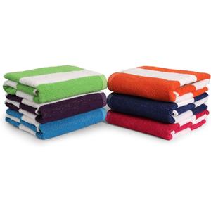 BolBom*S Bath Towel Set 6 Pack,30 x 60 Inches Large 100% Cotton Cabana Stripe Beach Towel Soft,Absorbent and Quick Dry Towels for Bathroom,Pool, Beach, Swim and Yoga,Bathroom Towels for Daily Use (Green, Yellow, Purple, Turquoise, Orange, Bue, Pink)