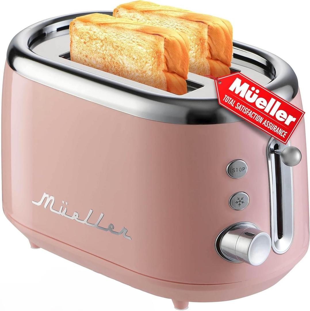Mueller Retro Toaster 2 Slice with 7 Browning Levels and 3 Functions: Reheat, Defrost & Cancel, Stainless Steel Features, Removable Crumb Tray, Under Base Cord Storage, Pink