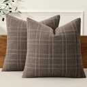 MIULEE Decorative Linen Check Euro Shams Throw Pillow Covers Neutral Farmhouse Vintage Pillow Covers 24x24 Set of 2 Boho Modern Winter Home Decor for Sofa Couch Bedroom Cushion Brown