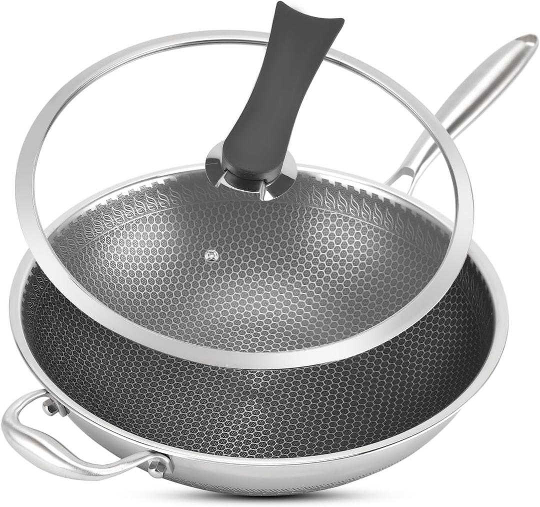 13 inch Wok Pan, Stainless Steel Stir-fry Wok, Non Stick Honeycomb Skillet with Stay Cool Handle- Suitable for Induction, Ceramic, Electric, and Gas Cooktops (13" Honeycomb Wok Pan with Lid)