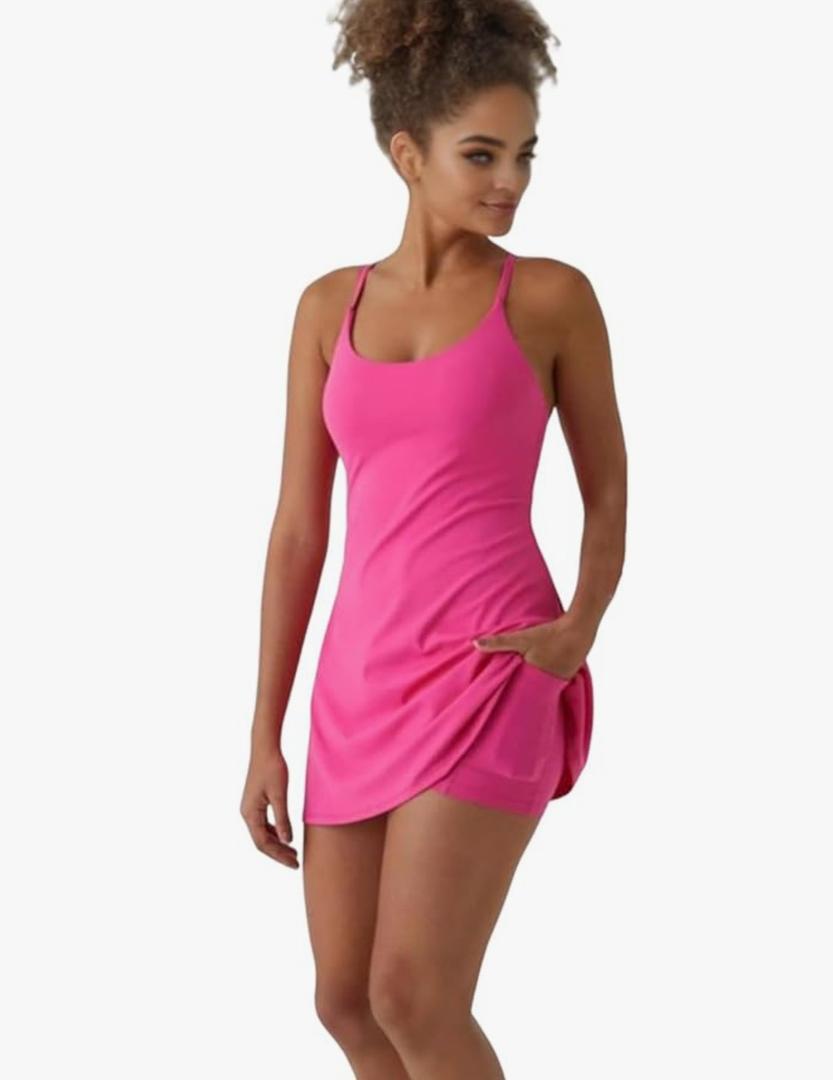 Women’s Backless Active Dress with Built-in Shorts and Pockets – for Movement & Easy Bathroom Breaks, Medium, Hot Pink 