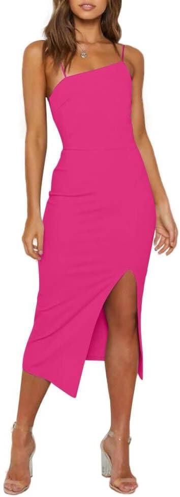 OWIN Women's Adjustable Spaghetti Straps Sleeveless High Waist Split Midi Bodycon Cocktail Party Dress (Hot Pink, S)