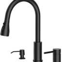 APPASO 3 Hole Kitchen Faucet, Matte Black Kitchen Faucet with Soap Dispenser and Pull Down Sprayer 3 Modes, Stainless Steel High Arch Kitchen Sink Faucet with Separate Handle 3 Pieces