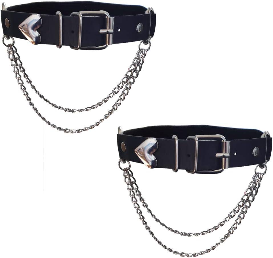 Adjustable Heart-Shaped Thigh Garter 2 Pieces Punk Leather Garter Belts Leg Garter with Chains Body Accessories