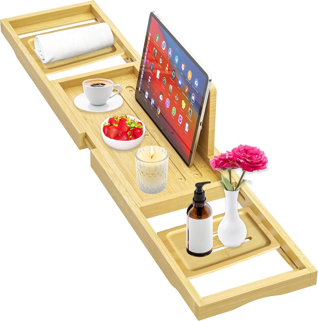 Premium Bathtub Tray - Expandable Bamboo Wooden Bath Trays for Bathub - Bath Tub Table Tray for Bathtub/Tub,Adjustable Size, Fits Most Tubs