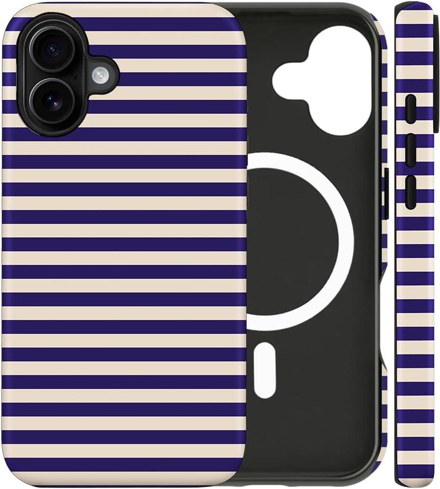 Magnetic for iPhone 16 Plus Case Cute Stripes Phone Case, Shockproof Slim TPU and Hard PC Protective Phone Cover Compatible with MagSafe Designed for Women Girls, Blue&Apricot