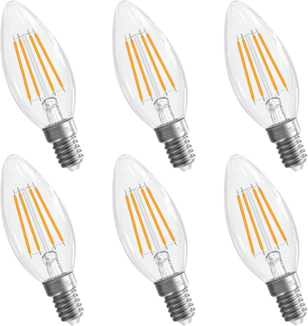 GvvooHome Candelabra Light Bulbs, 6W Equivalent to 60 watt, E12 LED Bulb Non-Dimmable 2700K Soft White, LED Chandelier Bulb, B10 Candle Bulbs, 90+CRI, 600LM, Cear Glass, 6 Pack