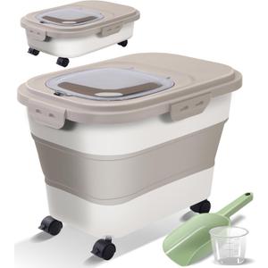 Collapsible Dog Food Storage Container, Airtight 30 35 Lbs Rice Cereal Flour Sugar Kitchen Accessories Bin Bucket, 20 25 Lbs Dog Cat Pet Holder Gift Travel Essentials Must Haves Gear Stuff Necessities (Khaki)