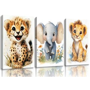 3Pcs Safari Animals Nursery Canvas Wall Art Jungle Animals Cheetah Elephant lion Posters Print Kids Room Watercolor Pictures Wall Decor for Boy Girl and Baby Room wall decoration 16x24in Canvas