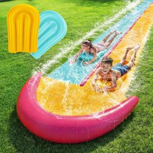 TOY Life Yellow & Blue Water Slide, 20 Ft, 2 Lanes, Ages 3-10 | Includes 2 bodyboards, built-in sprinkler, splash pool landing, garden hose hookup, ground stakes, heavy-duty PVC