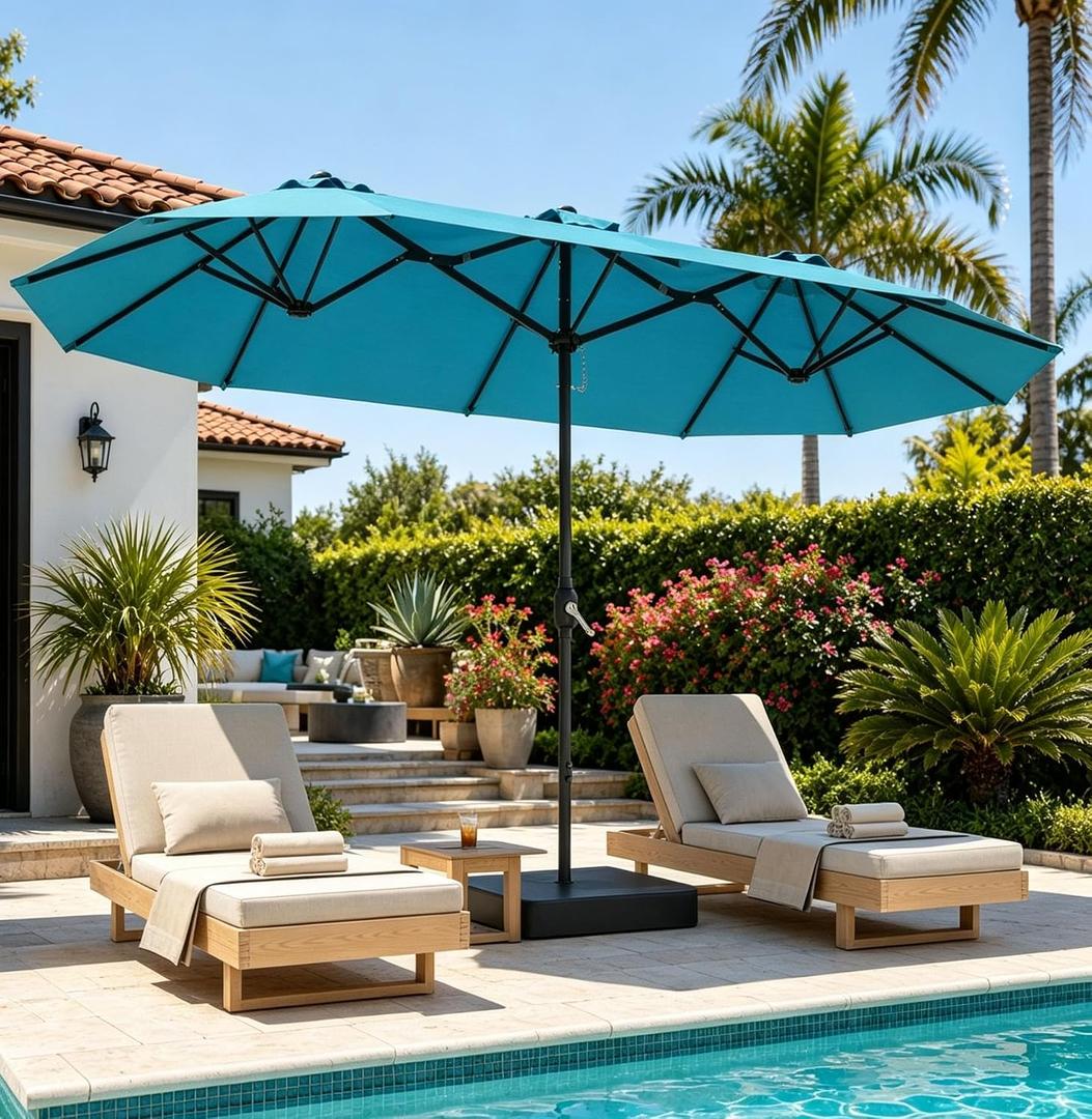 DomeShade 15FT Extra Large Patio Umbrella with Base, Double-Sided Outdoor Rectangular Market Umbrella with Stand,Heavy Duty Outside Sun Umbrella for Backyard,Poolside,Patio Furniture,Teal Blue