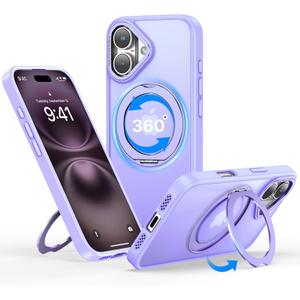 QTlier for iPhone 16 Case, 360 Rotatable Ring Stand, Raised Camera Frame, Shockproof Case Compatible with MagSafe, Case for iPhone 16, Translucent Lilac