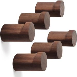 Wood Wall Hooks 6 Pack, Natural Wooden Coat Hooks Wall Mounted, Handmade Rustic Hat Hooks Heavy Duty Entryway Wall Hangers for Hanging Towels, Clothes, Bags (Black Walnut Wood)