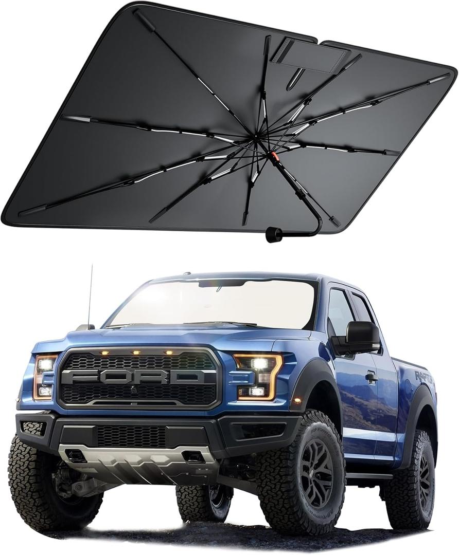 Truck Windshield Sun Shade for Ford F150 20152026, Foldable Umbrella Sunshade with 100% UV Block, Multi-Layer Heat Insulation, Reinforced 10-Rib Frame, Keeps Car Cooler, Summer Car Accessory