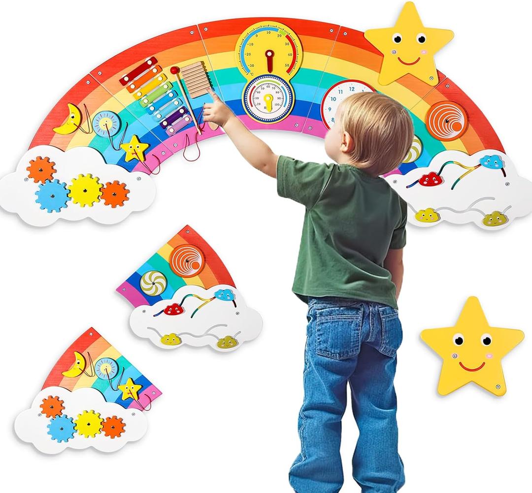Joyibay Rainbow Sensory Wall Panel,Wooden Montessori Busy Board with 9 Activities for Toddlers 1-3, Educational Sensory Toys for Daycares, Preschool, Bedrooms