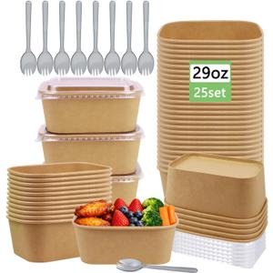 25 Pack 29oz Disposable Kraft Paper Bowls with Lids and Forks, Meal Prep Containers Disposable Soup Serving Bowls Take Out Containers for Party, Microwave Safe for Hot/Cold Food (Rectangular)