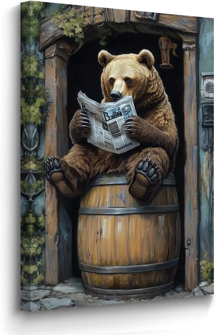 BJYCHG Bear Canvas Wall Art Rustic Bear in Outhouse Picture for Bathroom Animal on Toilet Prints Forest Wildlife Painting Farmhouse Cabin Bathroom Decor Framed (Green, 24L x 16W)