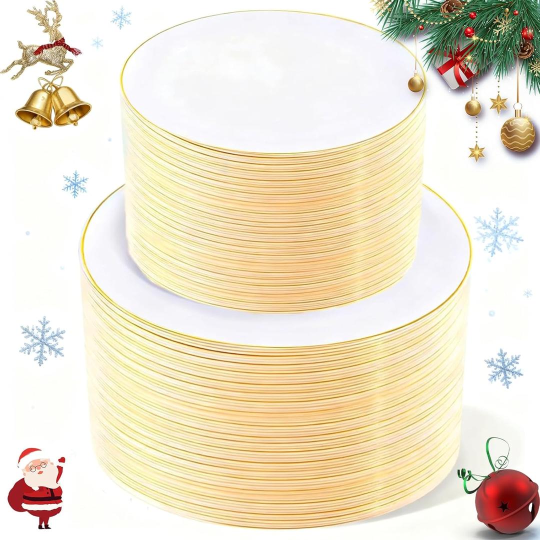 KIRE 200PCS Gold Plastic Plates - Disposable Plates for Party - White Plastic Plates with Gold Rim Include 100 for Dinner and 100 for Dessert/Salad in Wedding/Christmas