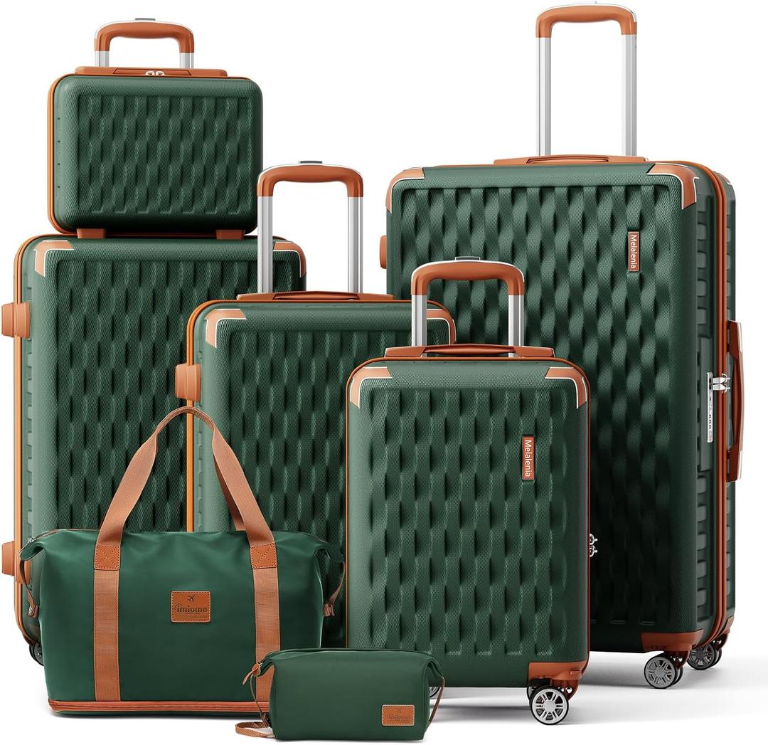 Melalenia Luggage Sets 7 Piece Hard Shell Carry on Suitcase with Spinner Wheels and TSA Lock, Lightweight Travel Duffel Bag for Women, Men, Green Brown (7 Piece Set(DB/TB))