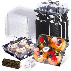 Outus 100 Pack Graduation Party Paper Food Containers Black Charcuterie Boxes with Clear Lids, 5.7 x 5.1 '' Graduation Party Supplies Cake Take out Bakery Boxes with Gift Tags Rope for Desserts Cake