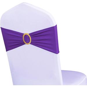 Pack of 50 Spandex Purple Chair Sashes with Gold Buckles, Stretch Chairs Sashes for Wedding Party Baby Shower Ceremony Event Decorations Chair Bands Bows (Purple Sashes, Gold Buckles)
