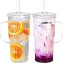 Glass Tumbler with Lids and Straws 2Pack 20oz Glass Cup with Handle-Wide Mouth Ice Coffee Cup Borosilicate Drinking Glasses for Smoothie Drinks