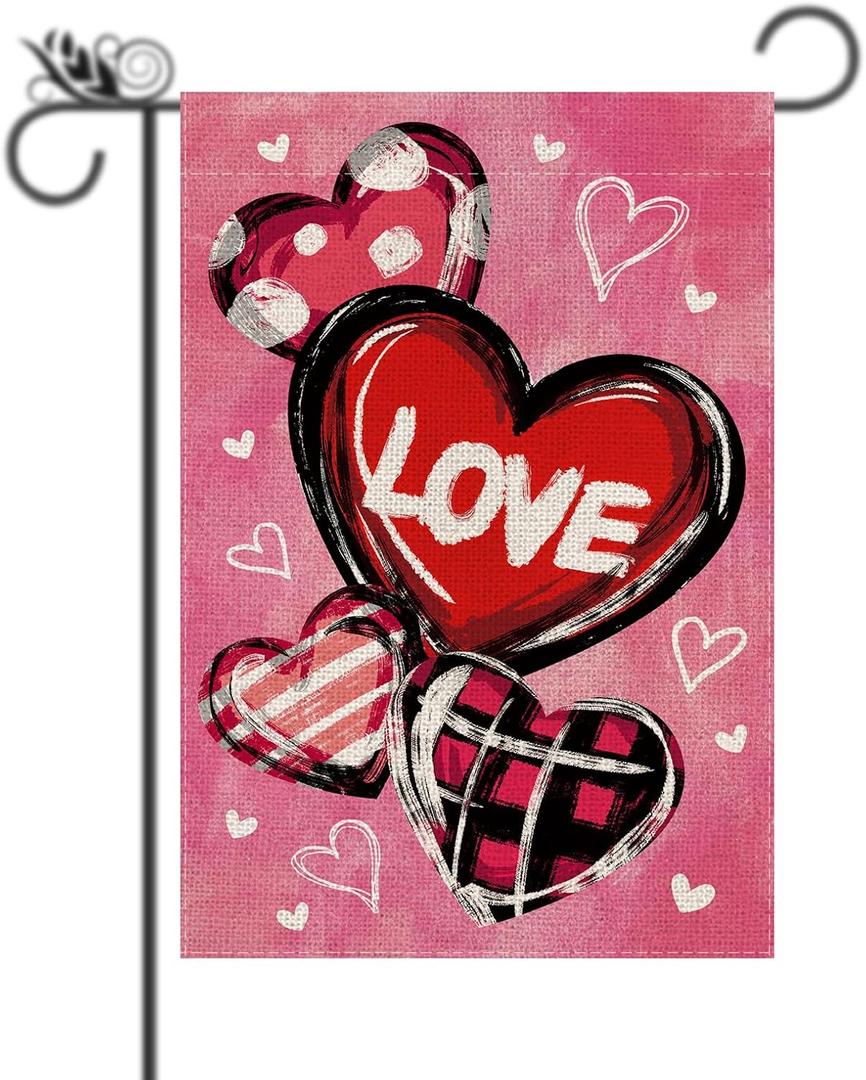 Welcome Valentine's Day Garden Flag Pink Love Heart Vertical Double Sided Garden Flag Holiday Outside Yard Decoration Anniversary Wedding Farmhouse Valentines Day Decor 12.5 x 18 Inch