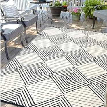 Waterproof Outdoor Rug 9x12ft, Boho Reversible Plastic Straw Mat for Patio RV Deck Porch Backyard Balcony Camping Picnic Beach Indoor Outdoor Carpet, Black&Beige