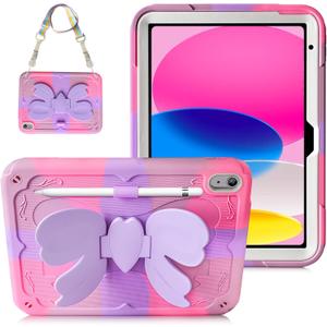 WESADN for iPad A16 Case 11th Generation 2025 11 Inch, for iPad 10th Generation Case 10.9 inch 2022 Girls Kids with Cute Bow Butterfly Wings Stand Shoulder Strap Pencil Holder Protective Cover Purple