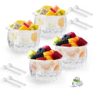 4 Packs Ice Chilled Serving Bowl,Dips on Ice Acrylic Dip Bowl,Dip Chiller Bowl with 4 Spoons Party Platters for Food,Fruit,Salsa, Clear