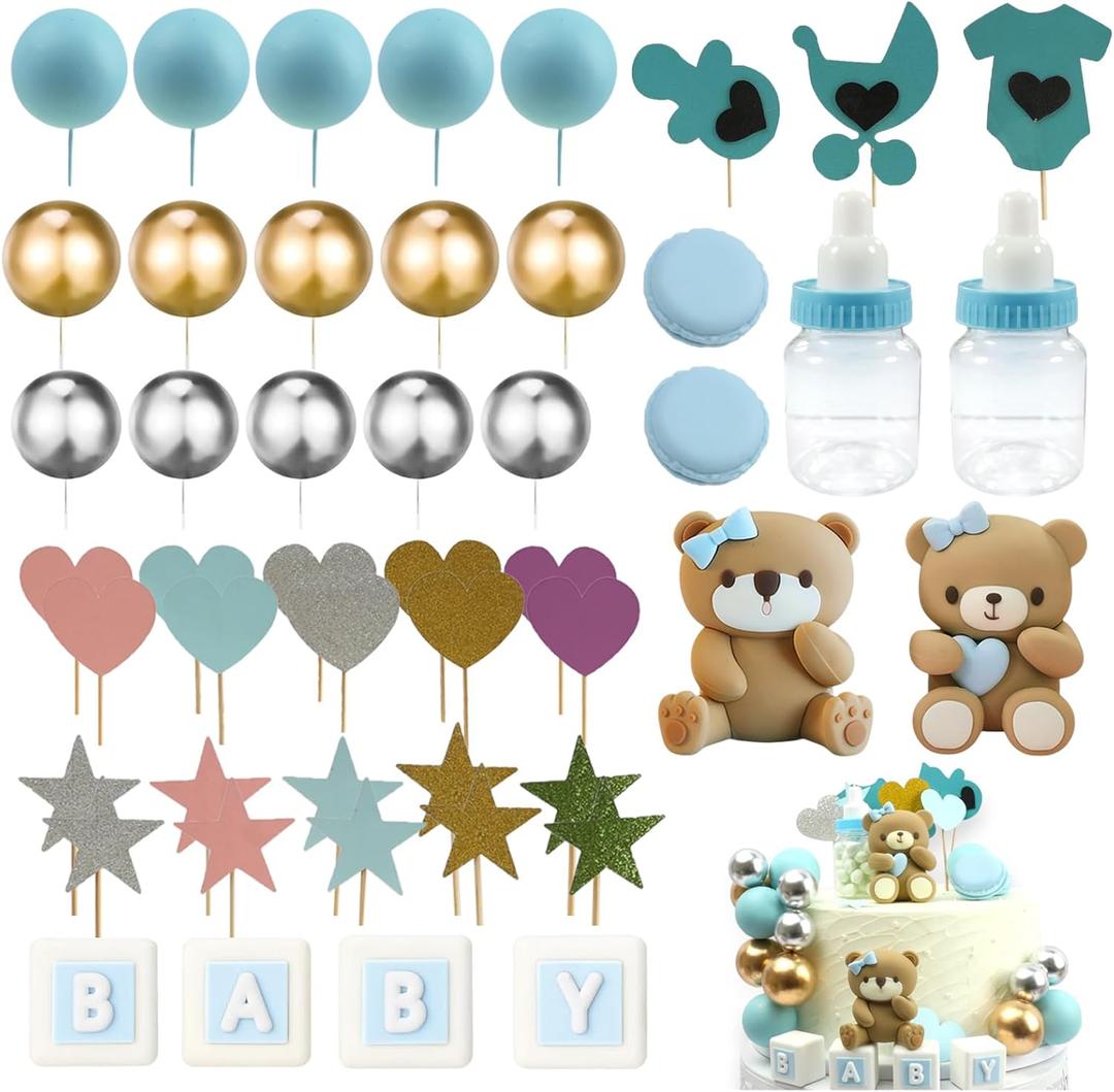 Bear Cake Toppers, Mini 3D Bear Baby Letter Milk Bottle Foam Balls 48 PCS Cake Topper Birthday Party Decoration Boho Mini Gender Reveal(Blue)
