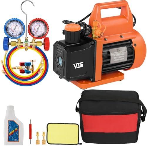 VTG VOGTEN 4.5 CFM AC Vacuum Pump and Gauge Set,for Mini Split/HVAC/Auto Systems,Manifold Gauge Kit Compatible with R134a R12 R22 R502,Includes R134a Can Tap,R410a Adapters
