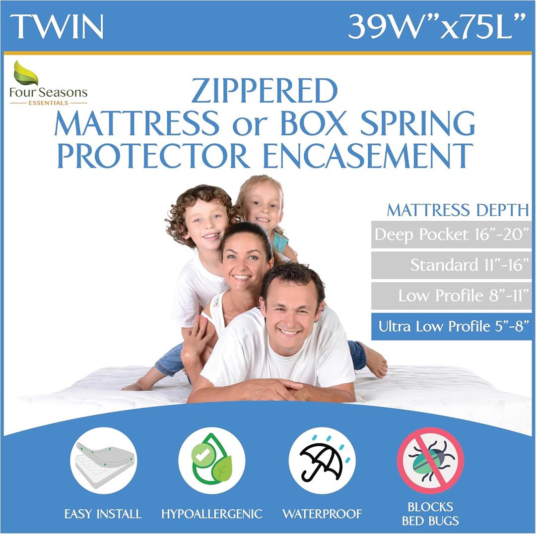 Twin Size Mattress or Box Spring Encasement (5" to 8" Depth) - Waterproof Zippered Protector Hypoallergenic Premium Bed Cover Protects from Dust Allergens