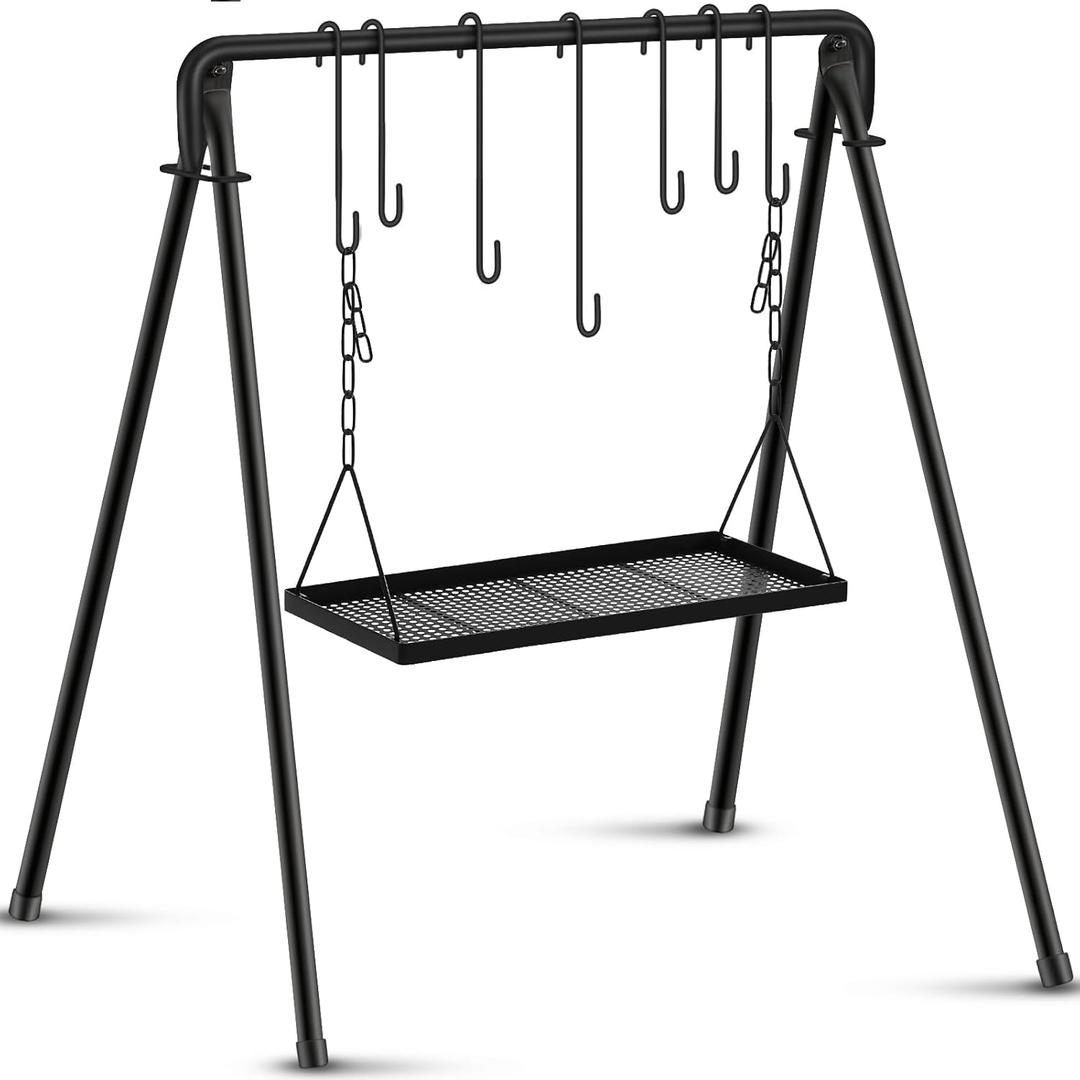 Campfire Swing Grill Stand Adjustable Grill Cooking Stand Hanging Rack with 8 Hooks and Accessories Campfire Cooking Equipment for BBQ Picnic Outdoor Party(Large Tray)