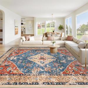 Area Rug 8x10 Washable Rug, Vintage Boho Medallion Rugs Non-Slip Soft Low Pile Large Distressed Rug Indoor Retro Carpet for Living Room Bedroom Dining Room Home Office (Tribal Medallion/Multi, 8'x10')