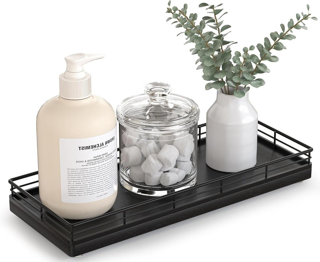 Bathroom Tray for Counter Top Organizer  Oak Wood Vanity Tray with Metal Frame for Dresser, Kitchen, Nightstand  Black Decorative Storage (11" x 4.5" x 1.5")