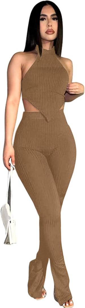 Ekaliy Two Piece Outfits for Women Sleeveless Crop Top Ribbed High Waist Long Pants Sets Party Jumpsuits Clubwear (L)
