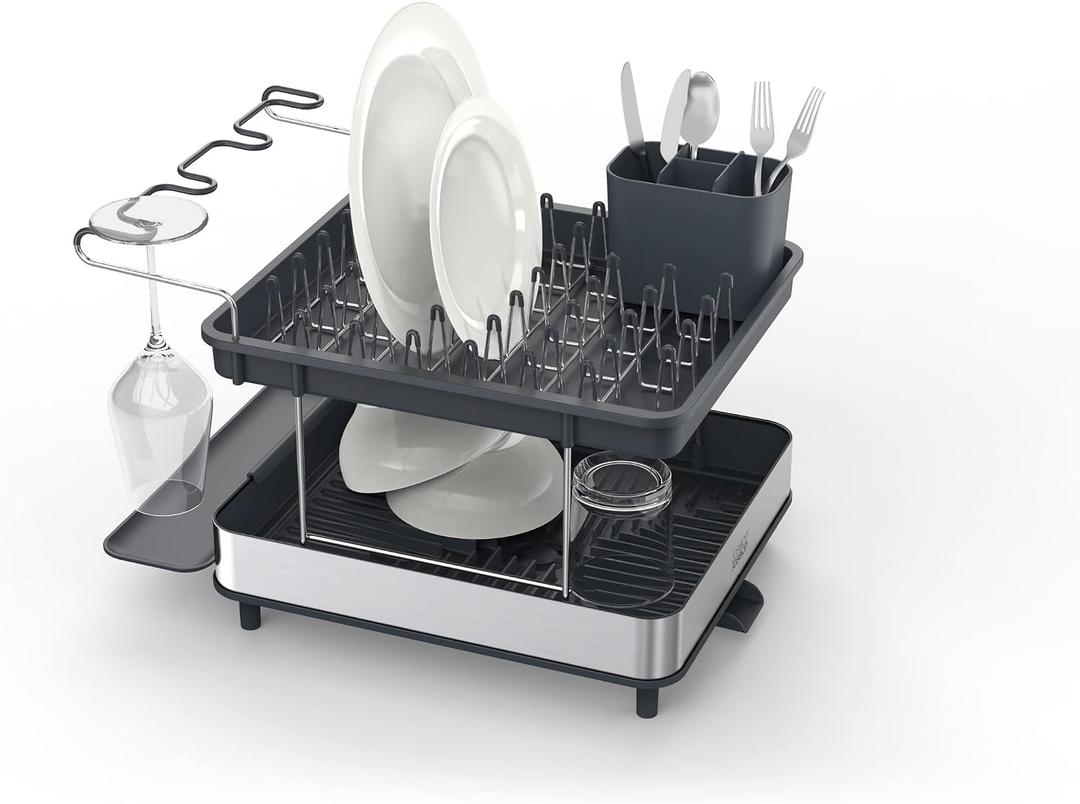 Joseph Joseph Dish Drying Rack with Wine Glass Holder - Space-Saving 2-Tier Design with Fast Draining System, Stainless Steel