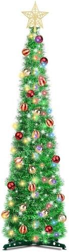 Dual Color Change & Timer 5 Ft Green Pop Up Christmas Tree with DIY 60 Warm & Multicolor Lights 4 Modes Tinsel Pencil Christmas Slim Tree with Star 25 Ball Ornament Xmas Decoration Home Indoor Holiday