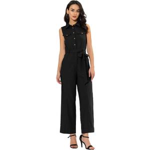 Allegra K Women's Wide Leg Jumpsuit 2026 Sleeveless Collared Tie Waist Coverall Button Down Cargo Cotton Jumpsuits S